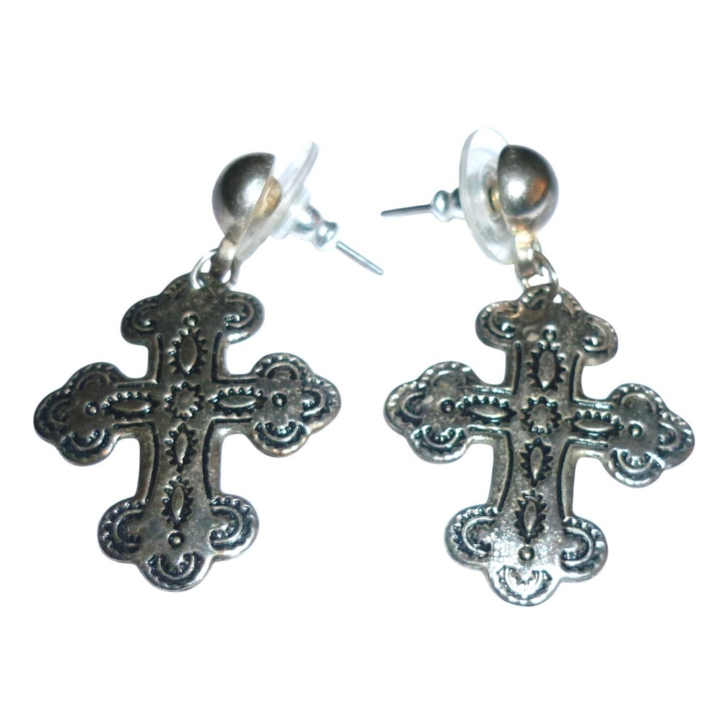 Vintage Silver Tone Ornate Filigree Cross Drop Earrings Gothic Religious Dangle